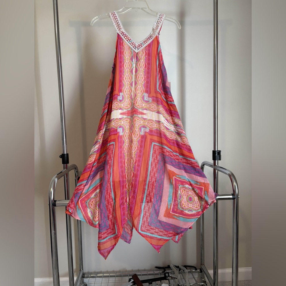 Girls' Sleeveless V-Neck Handkerchief Hem Casual Dress - Pink Multi